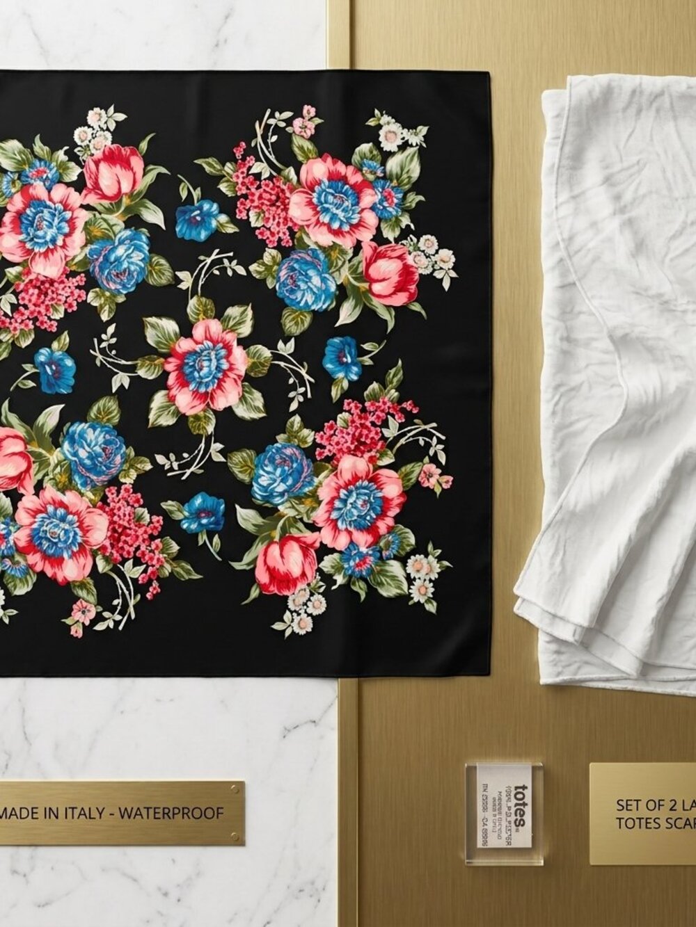 Set of 2 Large Totes Scarves Square Floral & Long White Made In Italy Waterproof